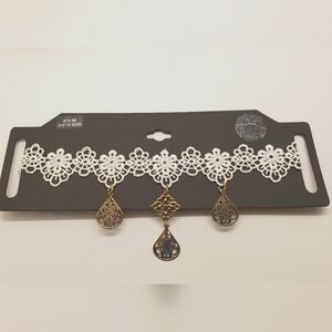 Lace choker necklace with goldtone filigree drops